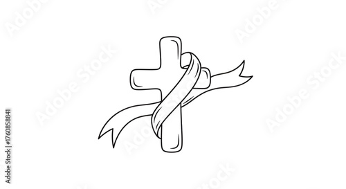 Simple line drawing of a Christian cross entwined with a flowing ribbon element