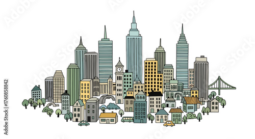 Whimsical hand drawn metropolis illustration with urban architecture on a white background
