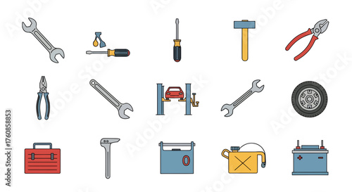 Collection of various car repair tools icons, suitable for automotive maintenance or mechanic shop