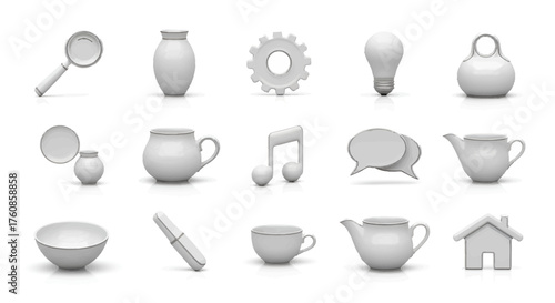 Collection of minimalist white 3D objects, creating a versatile graphic resource for designers,