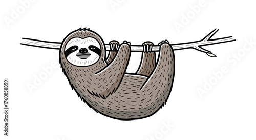 Whimsical sloth clinging to a branch, depicted with simple lines and serene expression