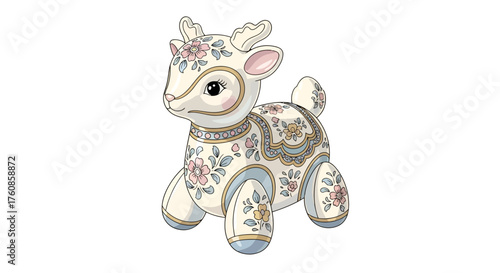 Whimsical porcelain fawn statue adorned with delicate floral patterns and accents of gold and blue