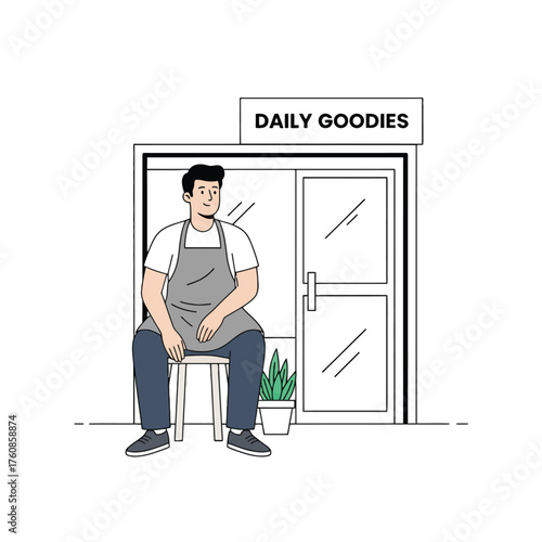 Man sitting on a stool in front of a shop with ' Daily Goodies' sign store