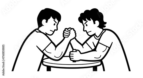 Competitive arm wrestling match illustration featuring strong men showcasing muscular prowess and
