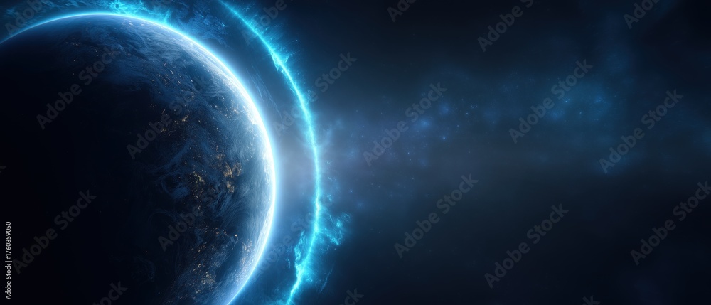 Obraz premium Cinematic Glowing Blue Planet with Cosmic Energy Ring – Dark Starry Sky and Large Copy Space