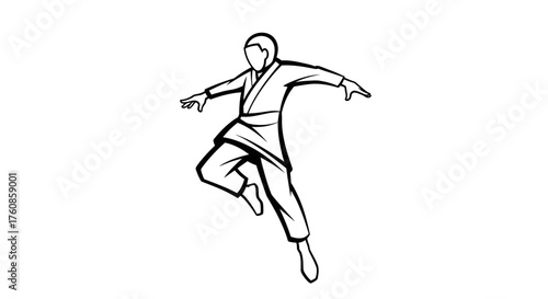 Dynamic sketch of a martial artist executing a jump, embodying power and agility in black outline