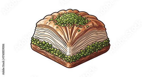 Delicate hand drawn artwork featuring a delicious looking baklava pastry dessert