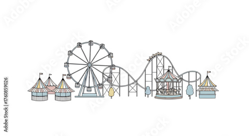 Delicate line drawing captures the nostalgic charm and whimsical allure of an amusement park