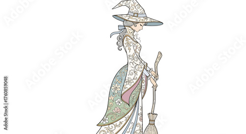 Delicate patterned sorceress in ornate gown and hat holding rustic broom on white backdrop
