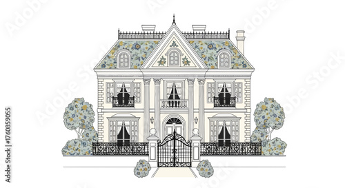 Elaborate architectural drawing showcasing a grand mansion with floral roof tiles