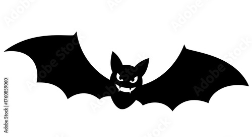 Spooky silhouette of a black bat with sinister eyes flying through the night sky