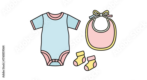 Delicate pastel baby essentials graphic featuring a bodysuit bib and socks arrangement illustration