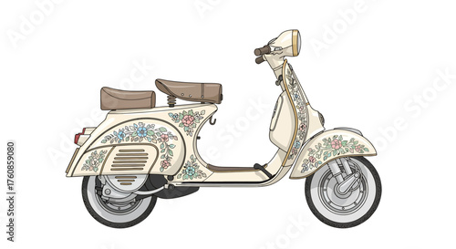 Delicate vintage cream scooter adorned with intricate floral patterns isolated artwork
