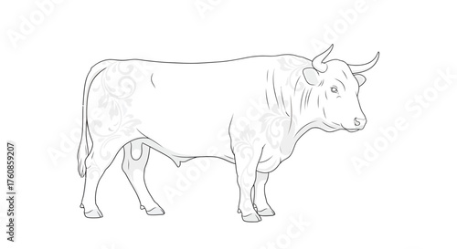 Elegant bull with subtle floral ornamentation a sophisticated monochrome artwork