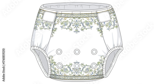 Detailed Cloth Diaper Illustration with Intricate Floral Design for Sustainable Baby Care Product