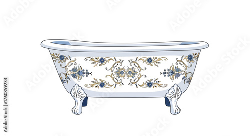 Elegant clawfoot bathtub illustration with floral ornamentation for luxury bath designs