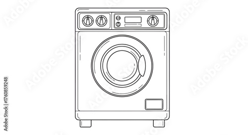 Detailed outline depiction of a modern front loading washing machine appliance for household tasks