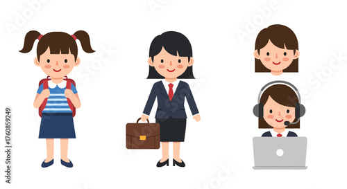 Stylized Characters Representing Growth and Career Paths of Young Women Illustrations