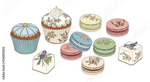 Elegant confectionery arrangement: Cupcakes and macarons adorned with delicate floral and avian