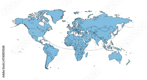 Detailed outline of the world map in soft blue color, presented on a clean white background with