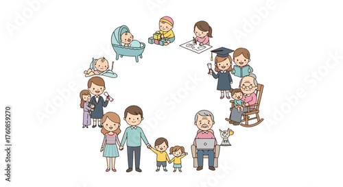 Stylized family life cycle illustration depicting various stages of human development