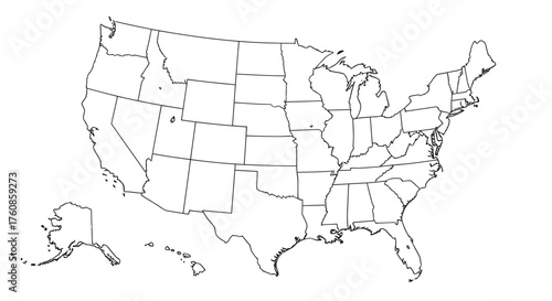 Detailed outline map of the United States of America, showcasing each state boundary and location