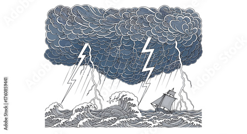 Dramatical representation of an old sailing ship navigating through a stormy sea illustration