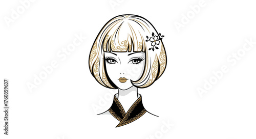 Elegant woman's face with stylish short haircut and floral decoration with sophisticated vector