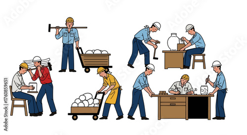 Illustrative representation of a pottery production line showcasing varied worker actions