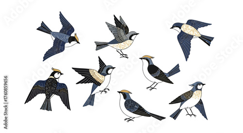 Illustrative flock of passerine birds with stylized design elements in varied positions against a