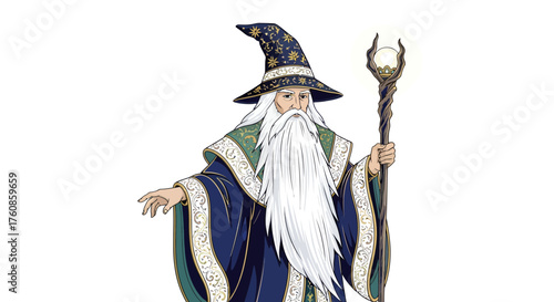 Enchanting wizard illustration wielding mystical staff against a bright white background