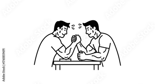 Intense arm wrestling match portrayed with a minimalist aesthetic drawing style