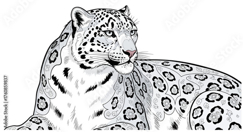 Intricate snow leopard illustration showcasing detailed fur patterns and feline grace