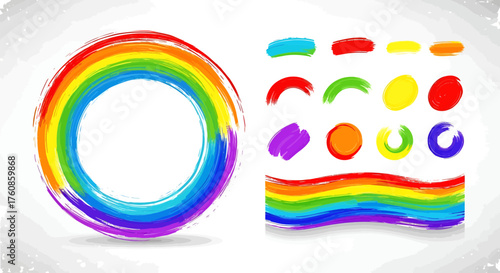 Vibrant rainbow spectrum art with brushstroke circle and decorative elements design
