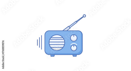 Vintage style blue radio emitting sound waves broadcasting musical programs