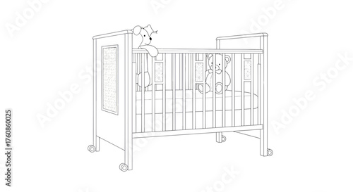Illustrative baby cot outlines with plush toys creating a nursery themed artwork