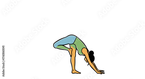 Illustrative depiction of a woman practicing a challenging yoga pose with leg elevated and