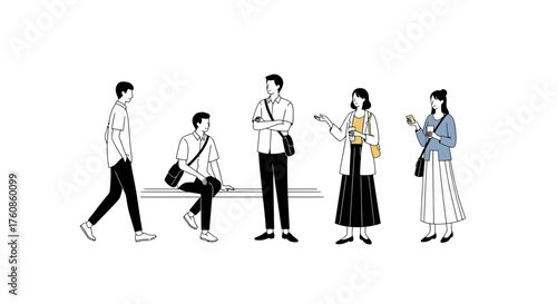 Minimalist depiction of people in public space interacting and waiting in linear arrangement