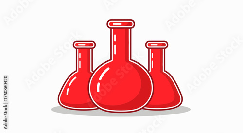 Whimsical trio of red conical flasks in a clean design symbolizing laboratory equipment