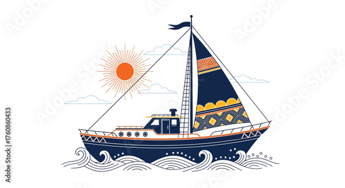 Nautical adventure illustration of a patterned sailboat under the summer sun against white backdrop