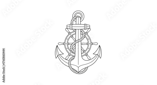 Nautical emblem featuring a detailed anchor and ship's wheel, representing maritime history and