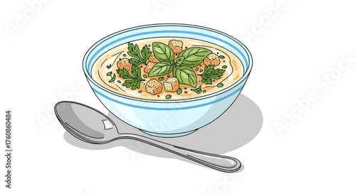 Wholesome Cream Soup Illustration with Croutons and Herbs for Culinary Projects