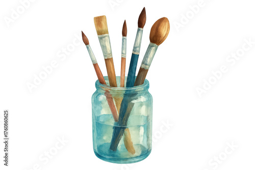 Artist paint brushes in glass jar with water, illustrating creativity, watercolor painting and art hobby activity