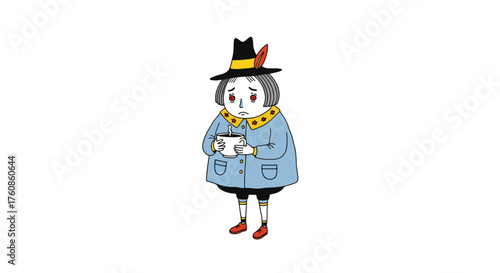 Quirky character contemplates life's mysteries with a steaming cup in hand