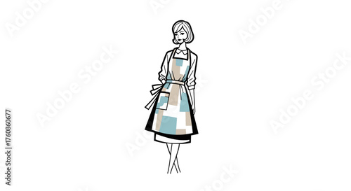 Retro stylized illustration of a woman wearing a modern apron in a kitchen environment