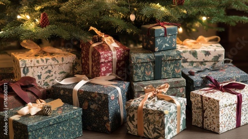 Cajas de regalos de navidad junto al árbol