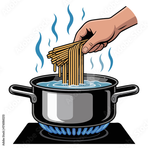 Pasta being cooked in pot with hand illustration. Delicious, steaming pasta is being placed into a pot of boiling water on a stove