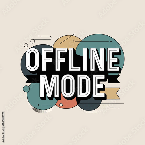 Retro style "offline mode" text with abstract circles and ribbons for digital disconnection and connectivity concepts vector