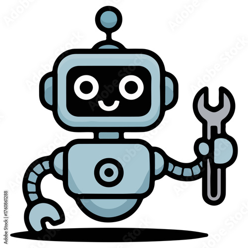 An adorable robot is holding a wrench and smiling happily. The robot looks very friendly and helpful.
