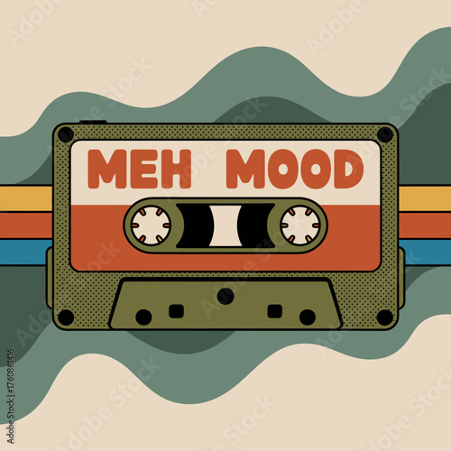 Retro cassette tape with meh mood text on wavy abstract background nostalgic music media symbol vector
